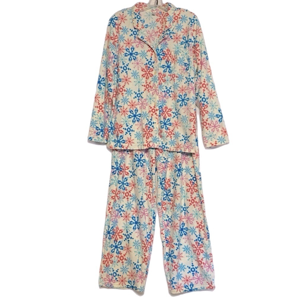 PINK Pajama Set Reds and Blues Snowflakes on Off White Women’s XL